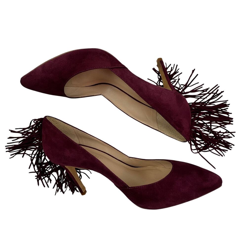Loeffler Randall Pari Suede Fringe Detail Boho Artsy Maroon Wine Pumps Women's 9 - Picture 6 of 11